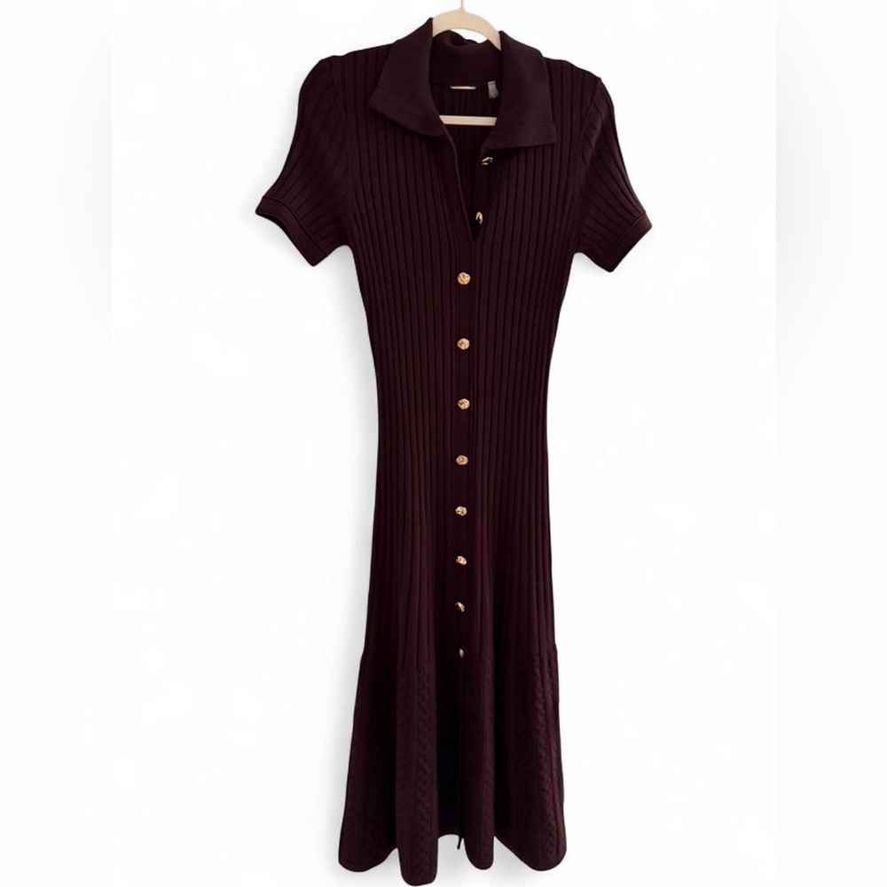 Elie Tahari Chocolate Brown Ribbed Knit Gold Button Midi Dress M